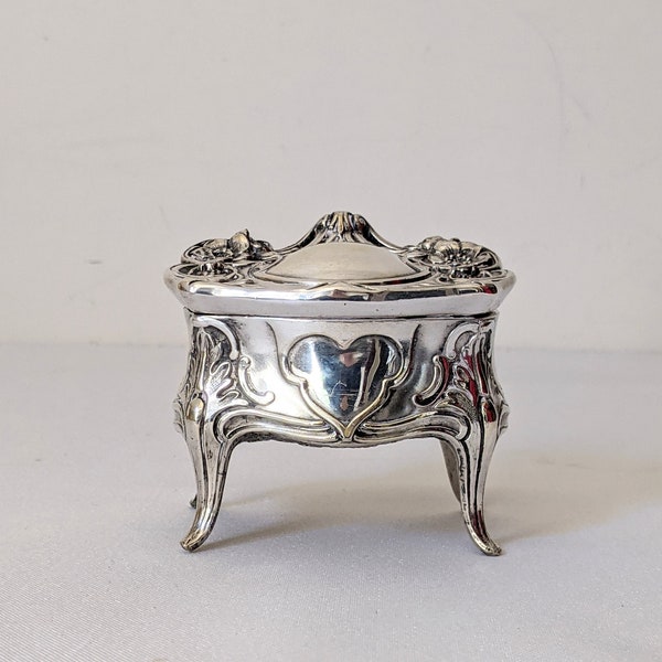 Small Antique Art Nouveau Signed Jennings Brothers USA Jewelry Casket, Silver Plated c.1906 Floral and Scroll Design