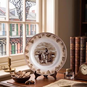 May include: A round ceramic decorative plate featuring a sepia-toned illustration of soldiers in a trench. The centre depicts two figures, while the border displays various military equipment. The text reads, "CAPTURED IN THE TRENCHES" and "REST YE ALL YE SLEEPING CARS".