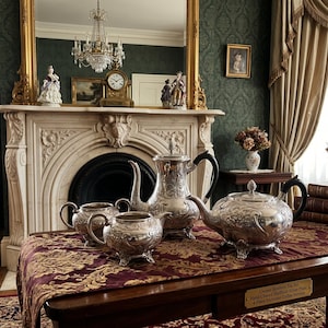 May include: A four-piece silver-plated tea set featuring intricate hand-chased floral and scroll patterns. The set includes a tall coffee pot, a teapot, a sugar bowl, and a creamer, all with black handles and ornate feet, labelled as a Victorian service.