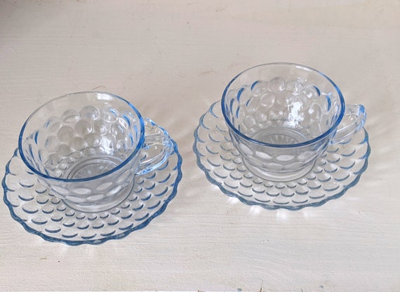 Anchor Hocking Glass BUBBLE Light Blue Cup & Saucer Depression Glassware