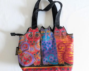 Tote Bag Laurel Burch Cat Vintage Colorful Canvas Feline Art Handbag Zipper