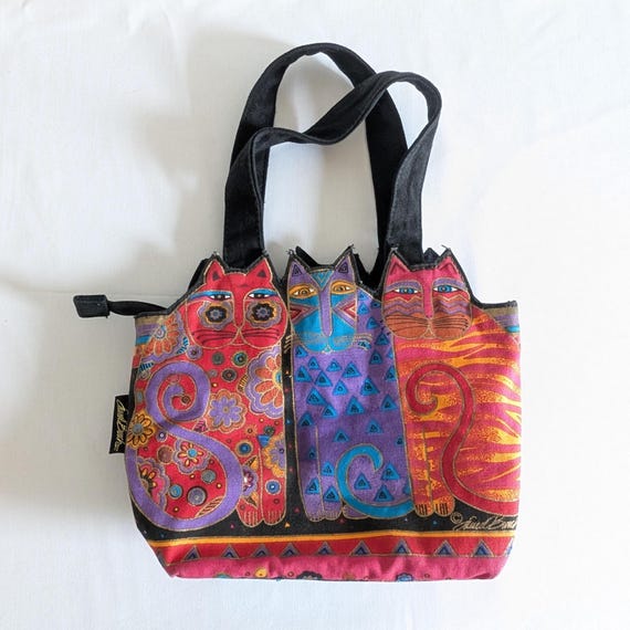 Tote Bag Laurel Burch Cat Vintage Colorful Canvas Feline Art Handbag Zipper