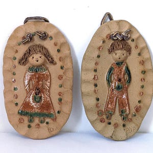 Adia Studio Quebec Pottery Wall Plaques Spaghetti Hair Boy Girl Folk Art Vintage Set