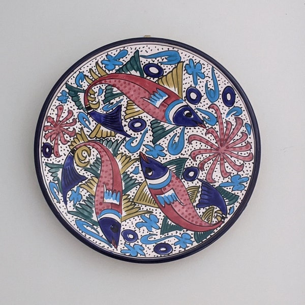 Large Vintage Mediterranean Fish Motif, Hand painted Ceramic Display Plate.  Blue/Green/Rose on White.  Ready to Hang.