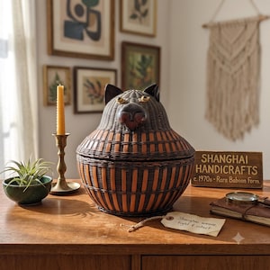 May include: A woven basket in the shape of a baboon head with dark brown and tan vertical stripes. The basket features a lid with sculpted ears, eyes, and a nose. A wooden sign reads SHANGHAI HANDICRAFTS c. 1970s - Rare Baboon Form. A tag reads Shanghai weave, tight & intact.