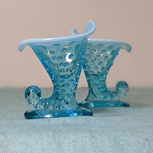 Fenton Blue Opalescent Hobnail Vases | Vintage Cornucopia Candle Holders