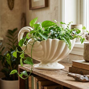May include: A cream-coloured ceramic planter shaped like a shell with a curved handle and a pedestal base. The planter is filled with a variety of green leafy plants, including pothos vines that drape over the side of the scalloped vessel.