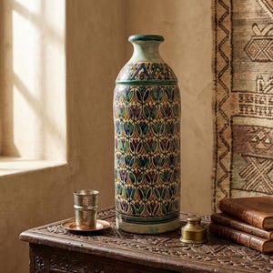 Peut inclure: Un grand vase cylindrique en céramique orné d'un motif répétitif de tulipes stylisées dans des tons de bleu, vert et jaune. Le vase présente un col étroit et un bord évasé, avec une bande décorative de formes géométriques près de l'ouverture.