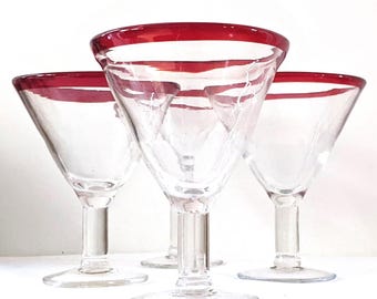 Set of 4 Hand Blown Mexican Martini Glasses with Red Rims