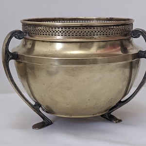 Antique Art Nouveau 3-handled vase, flower pot, jardinère in solid brass.
