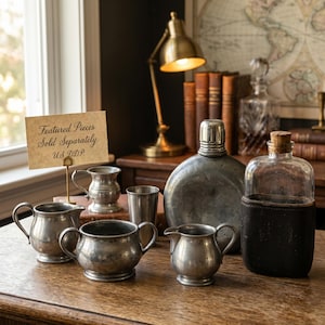 May include: A collection of vintage pewter vessels including a large canteen, two small pitchers, a sugar bowl with two handles, a small mug, and a tumbler, alongside a glass bottle with a leather sleeve and a sign reading Featured Pieces Sold Separately.