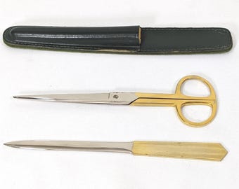 Vintage Desk Set, Gold Scissors Letter Opener, Green Leather Sheath 1970s
