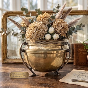 Peut inclure: Une jardinière en laiton avec un bord perforé et des anses courbées, remplie d'hortensias séchés, d'eucalyptus et de plumes. Une plaque en laiton indique Art Nouveau Brass Jardiniere, c. 1910, près d'une note et d'une clé en métal.