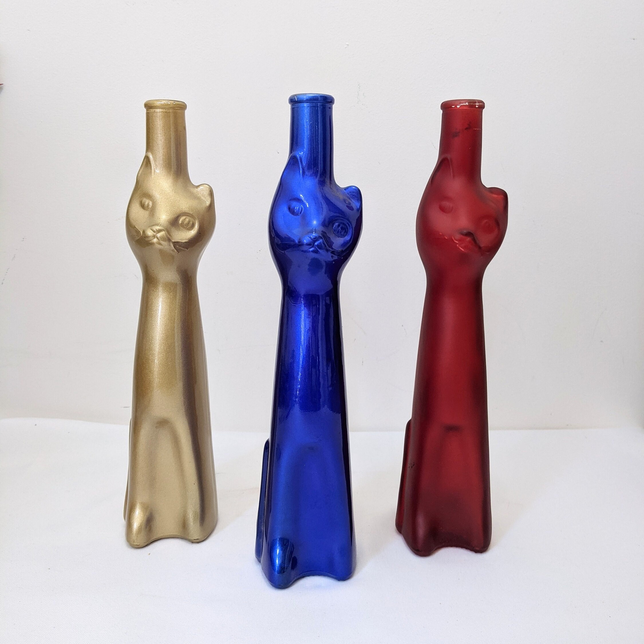 Happy Cat Collectible Wine Bottle Decor.  Long Neck Cat Glass Bottle.  Gold,  Red, and Cobalt Set of Three.