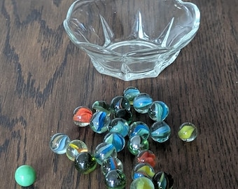 Vintage Marbles Collection in Pressed Glass Pedestal Bowl Set of 25