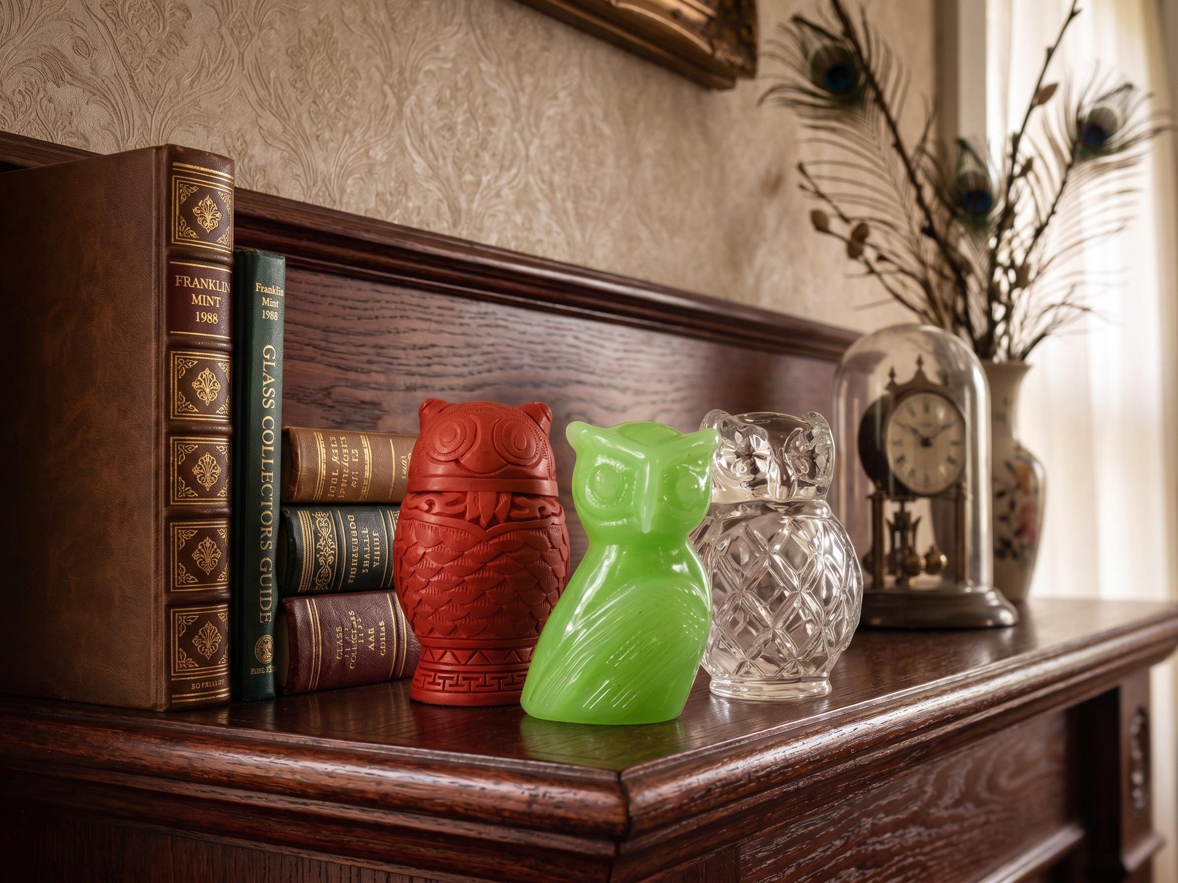 Franklin Mint Owl Trio 1988 Cinnabar Glass Figurine Set 3pc
