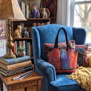 Puede incluir: Un bolso tote con un estampado gr&aacute;fico colorido de tres gatos estilizados en tonos rojos, morados y naranjas. El bolso tiene correas negras para el hombro y se encuentra sobre un sill&oacute;n azul tapizado junto a una pila de libros y una l&aacute;mpara.