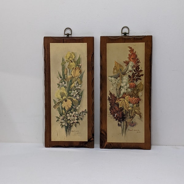 Vintage Wall Hangings - Set Of Two Robert Laessig Lithograph Flower Prints Mounted on Wood. Botanical Prints.