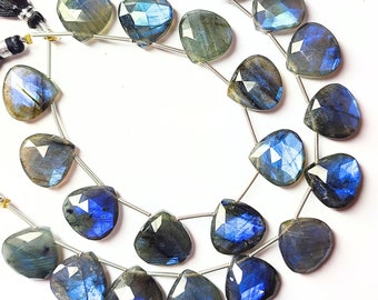 May include: A strand of blue labradorite gemstone beads in a pear shape. The beads are strung on silver wire and have a black tassel at each end.