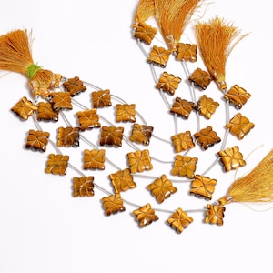 Carved Yellow Tiger Eye Gemstone Beads: Square Briolette Strand (10 pc, 14-15mm)