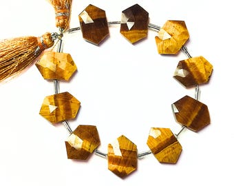 Faceted Tiger Eye Hexagon Briolette Beads: 10x15mm Gemstone Strand, 10 Beads