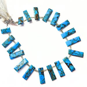 Peut inclure: Un collier de perles rectangulaires turquoise avec des veines marron. Les perles sont enfilées sur un fil argenté et disposées en cercle. Une gland argenté est attaché à l'extrémité. Le fond est blanc.