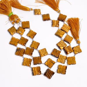 Carved Yellow Tiger Eye Gemstone Briolettes: Square Beads for Jewelry Making (10 Pc Strand)