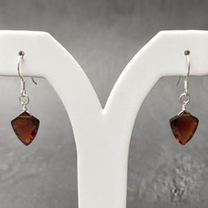 Könnte beinhalten: Ein Paar silberfarbene Ohrhänger. Jeder Ohrring hat einen facettierten, dunkelbraunen Edelstein in Dreiecksform. Die Ohrringe werden auf einem weißen Ständer vor grauem Hintergrund präsentiert.