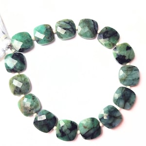 Raw Emerald Briolette Beads: 12mm Faceted Rounded Square, 8&quot; Strand