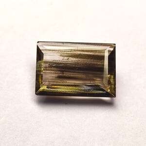 以下が含まれることがあります： 透明感のある茶黄色の長方形のファセットカットされた宝石。内部には、石全体に水平に走る暗い針状のインクルージョンがはっきりと見え、結晶の中に層状で繊維のような外観を作り出しています。