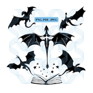 Book with Dragons, PNG, JPEG, PDF, Instant Download, Fourth Wing, Tairn, Andarna, Bookish, Book Lovers, Bookstagram, Open Book, Stars