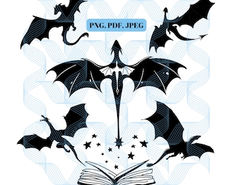 Book with Dragons, PNG, JPEG, PDF, Instant Download, Fourth Wing, Tairn, Andarna, Bookish, Book Lovers, Bookstagram, Open Book, Stars