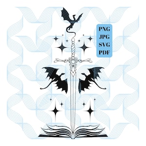 May include: Black and white illustration of a sword piercing through an open book with two dragons on either side of the sword. The dragons are facing each other with their wings spread out. There are stars around the sword and book.
