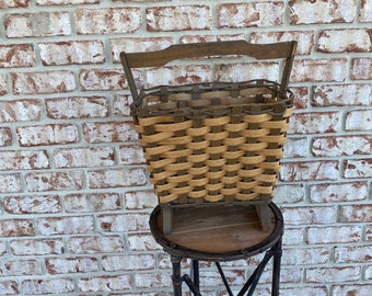 Vintage Hand Made Wooden Woven Magazine Rack Basket Solid Wood Bottom Handle And Feet With Woven Body