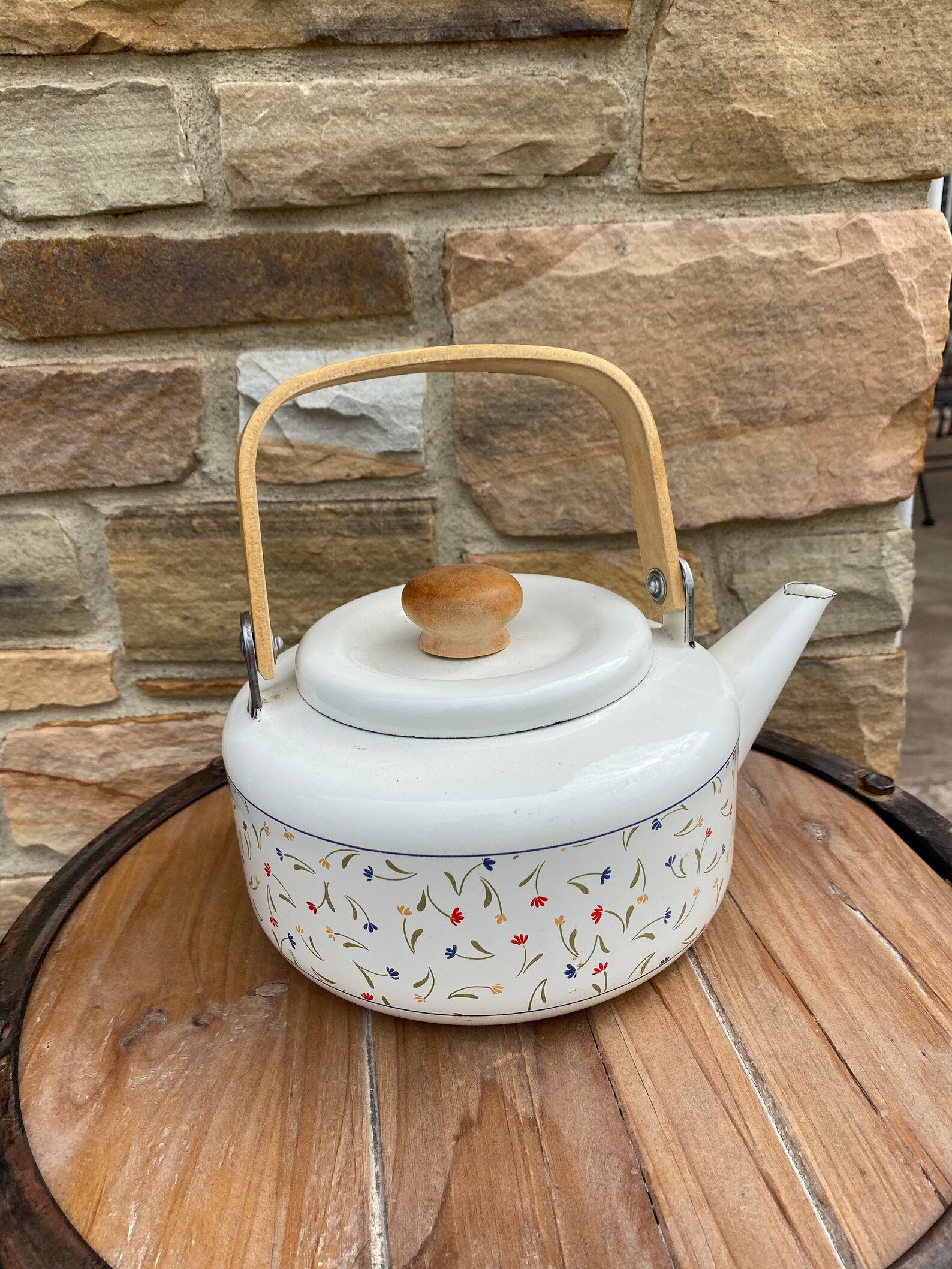Vintage Floral Enamel Tea Kettle With Wooden Handle Etsy