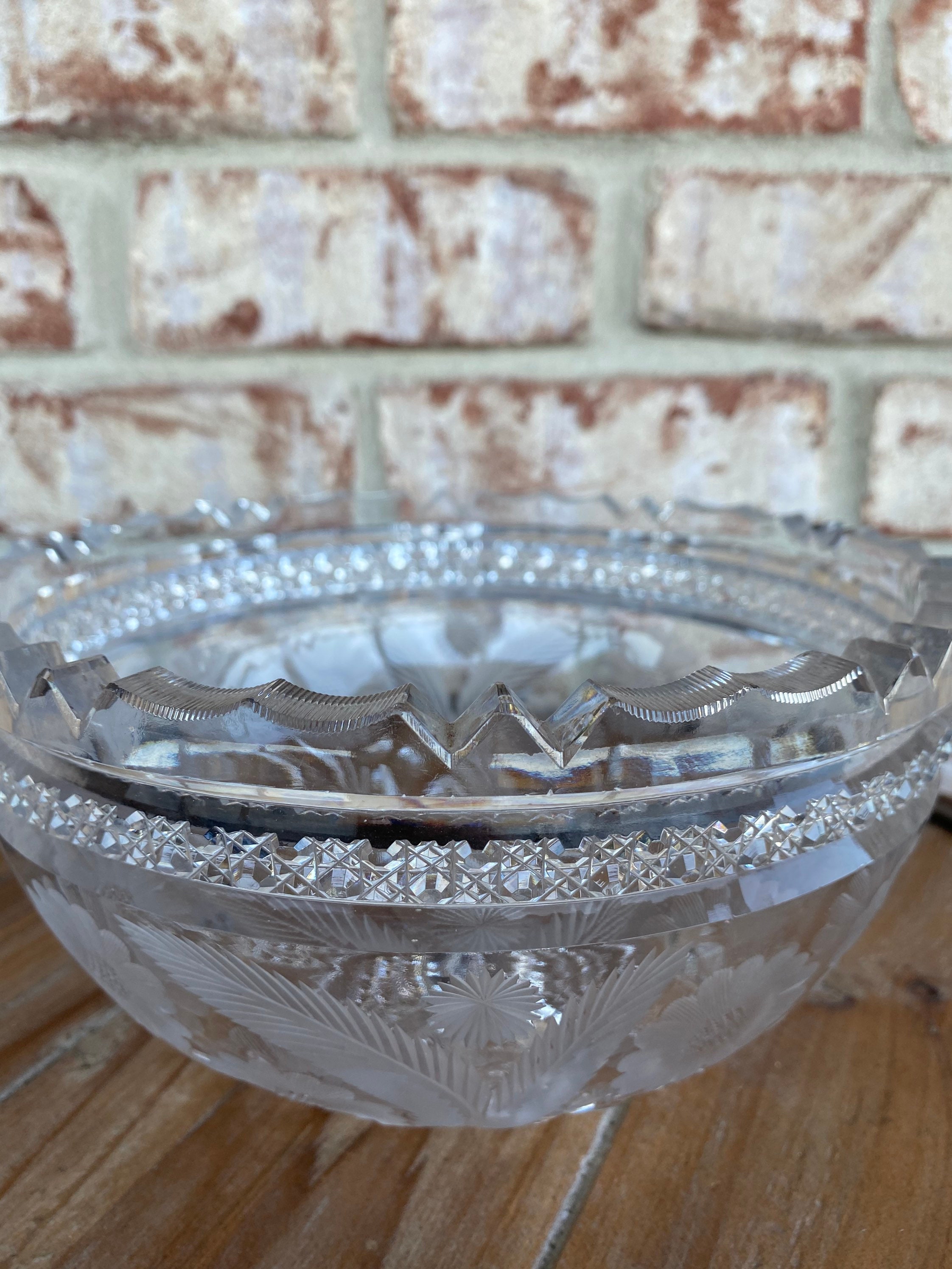 Vintage Cut Crystal Bowl With Beautiful ZigZag Cut Top Etched Etsy