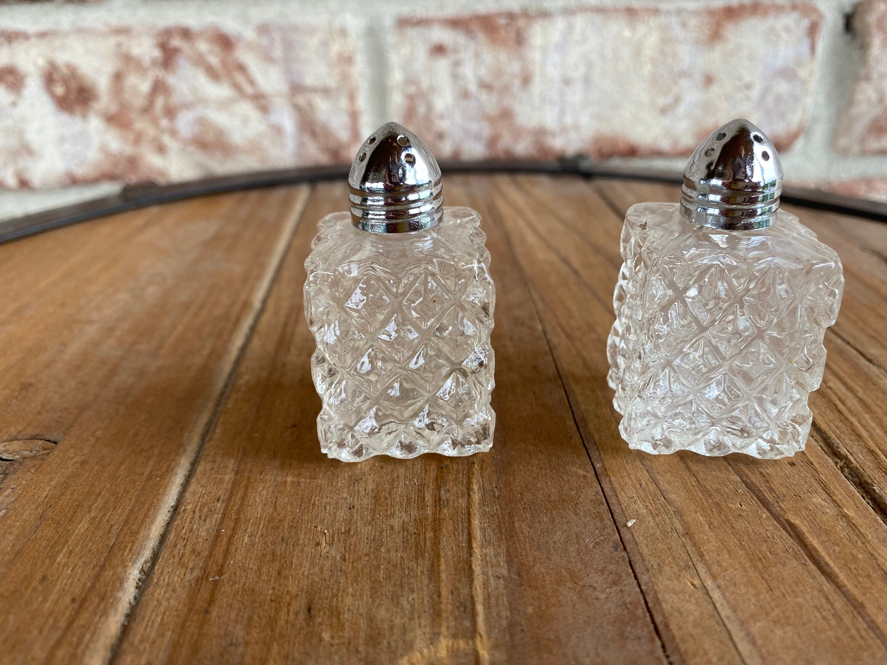 Dining & Serving Pair of Mini Cut Glass Salt and Pepper Shakers Salt
