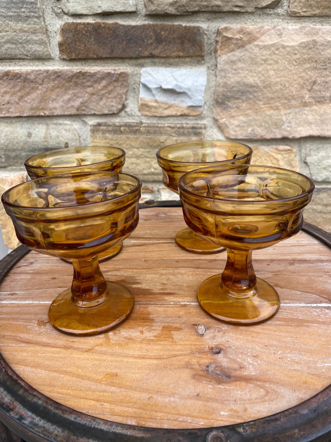 1970s Vintage Set of 4 Amber Glass Pedestal Dessert Dishesfooted