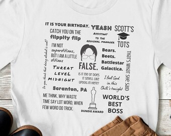 May include: White t-shirt with a black and white graphic print of text and images from the TV show "The Office". The text includes quotes from the show, such as "It is your birthday. Yeah Scott's", "Assistant to the Regional Manager", "Bears. Beets. Battlestar Galactica", "False", "Threat Level Midnight", "Scranton, PA", "World's Best Boss", and "That's what she said".
