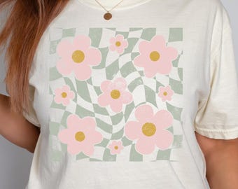 Retro Checkered Daisy Shirt|Daisy|Flowers|Distressed Shirt|Checkered|Daisy|Tshirt|Tee Shirt|Casual| Comfort Colors|Women's Shirt|Boho