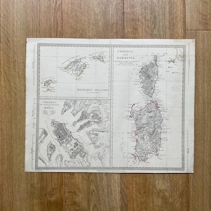 Datée 1831 - authentique carte SDUK ancienne de la Corse, Sardaigne, Malte, gravure sur acier