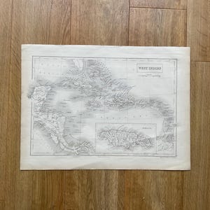 Circa 1840 - Mapa antigo genuíno das Índias Ocidentais, gravura em aço caribenho
