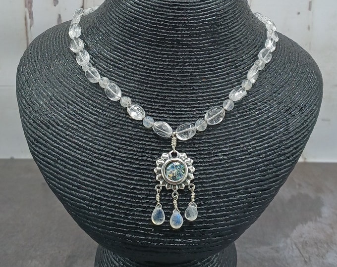 Featured listing image: Crystal Chandelier Moonstone Necklace | Roman Glass Necklace | Quartz Crystal Rainbow Moonstone | Hand knotted Beaded Gemstone Necklace