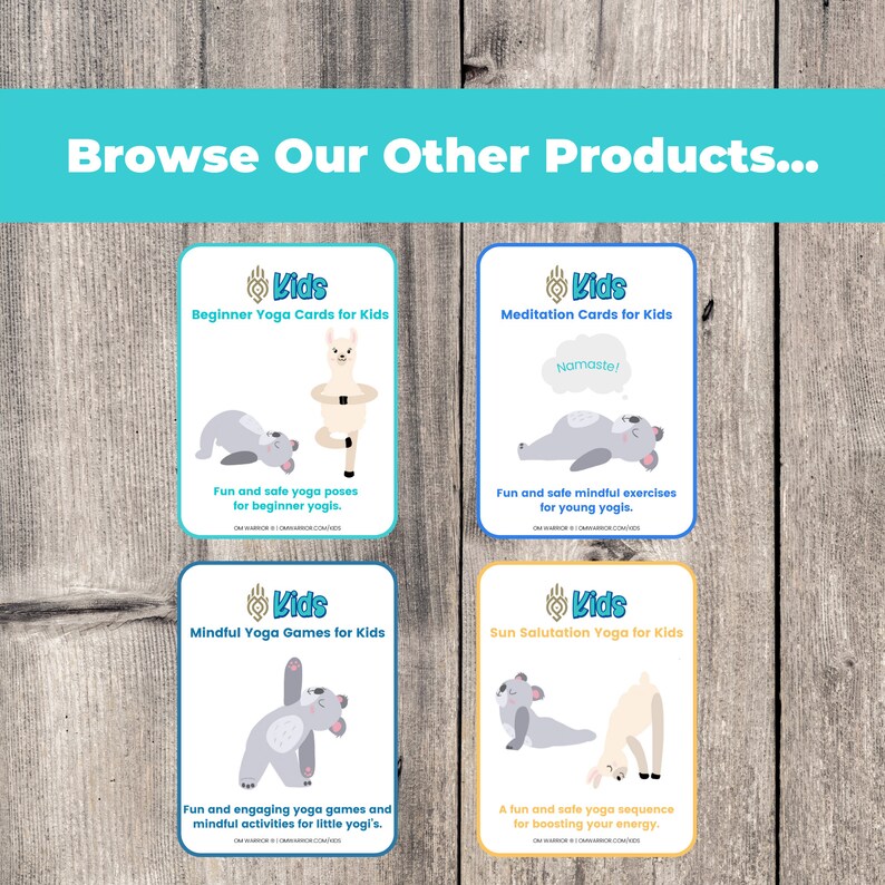 May include: Four colorful cards with illustrations of animals doing yoga poses. The cards are titled "Beginner Yoga Cards for Kids", "Meditation Cards for Kids", "Mindful Yoga Games for Kids", and "Sun Salutation Yoga for Kids".