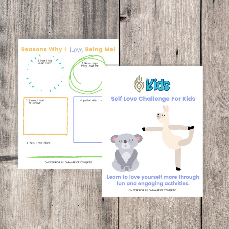 May include: A printable worksheet for kids to complete a self-love challenge. The worksheet features a llama and a koala doing yoga poses. The text on the worksheet says "Self Love Challenge For Kids" and "Learn to love yourself more through fun and engaging activities."