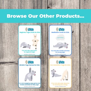 Peut inclure: Quatre cartes color&eacute;es avec des illustrations d'animaux faisant des poses de yoga. Les cartes sont intitul&eacute;es "Beginner Yoga Cards for Kids", "Meditation Cards for Kids", "Mindful Yoga Games for Kids", et "Sun Salutation Yoga for Kids".