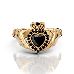 6mm Heart Shaped Black Onyx Claddagh Wedding Engagement Ring For Her Irish Crown Onyx Claddagh Ring Gift For Girlfriend Valentine&#39;s Day Ring