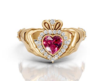 Rubin Claddagh Ehering Einzigartige Herzform Vorschlag Ring Claddagh Art-Deco-Verlobung Liebesring Irische Krone Jahrestagsring für Frauen