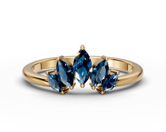14K Gold London Blue Topaz Curved Wedding Band Marquise Blue Topaz Curved Engagement Ring Minimalist Contour Curved Band December Birthstone