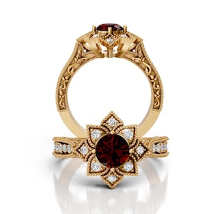 6mm Round Garnet Flower Engagement Ring 14K Solid Gold Garnet Halo Engagement Ring Natural Red Garnet Promise Ring Anniversary Wedding Ring